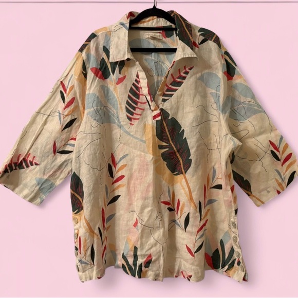 Cynthia Rowley Tops - Cynthia Rowley 100% Linen Oversized Leaf Print Button Detail Blouse Size 2X